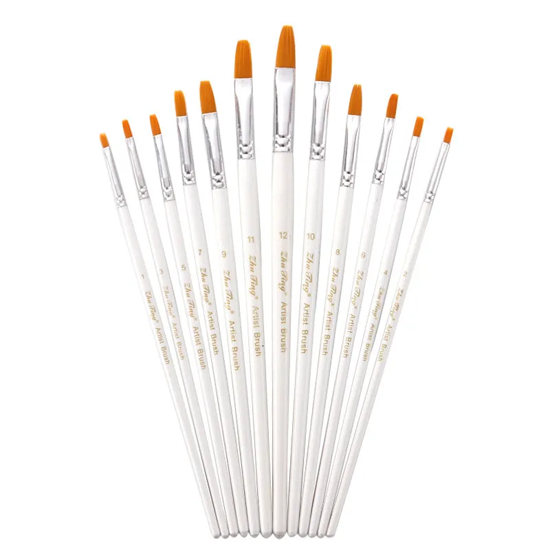 12 Flat Head Golden Nylon Hair Brush White Rod Watercolor Oil Painting Brush