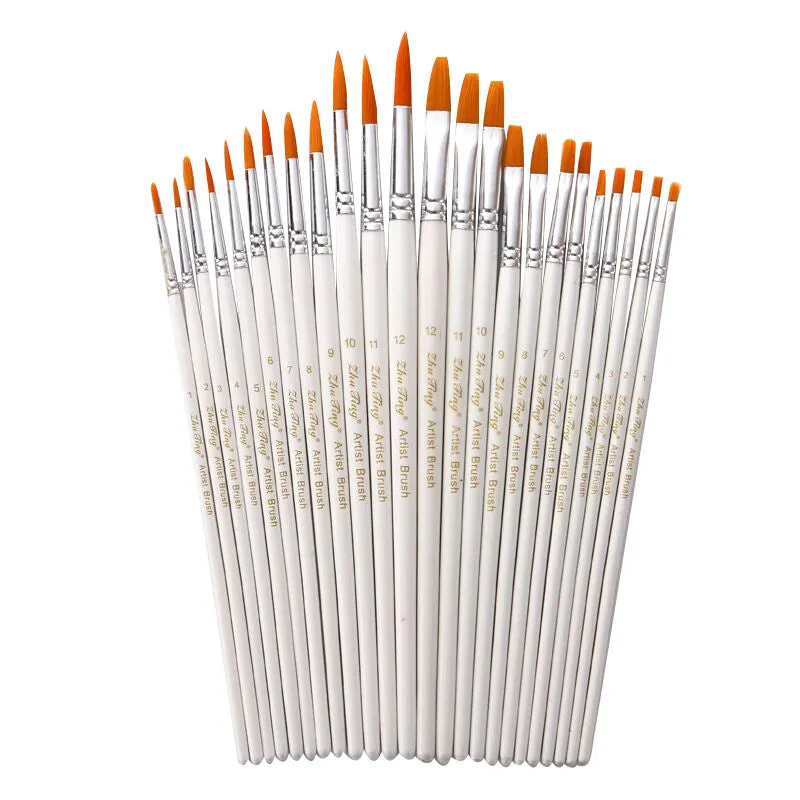 12 Flat Head Golden Nylon Hair Brush White Rod Watercolor Oil Painting Brush