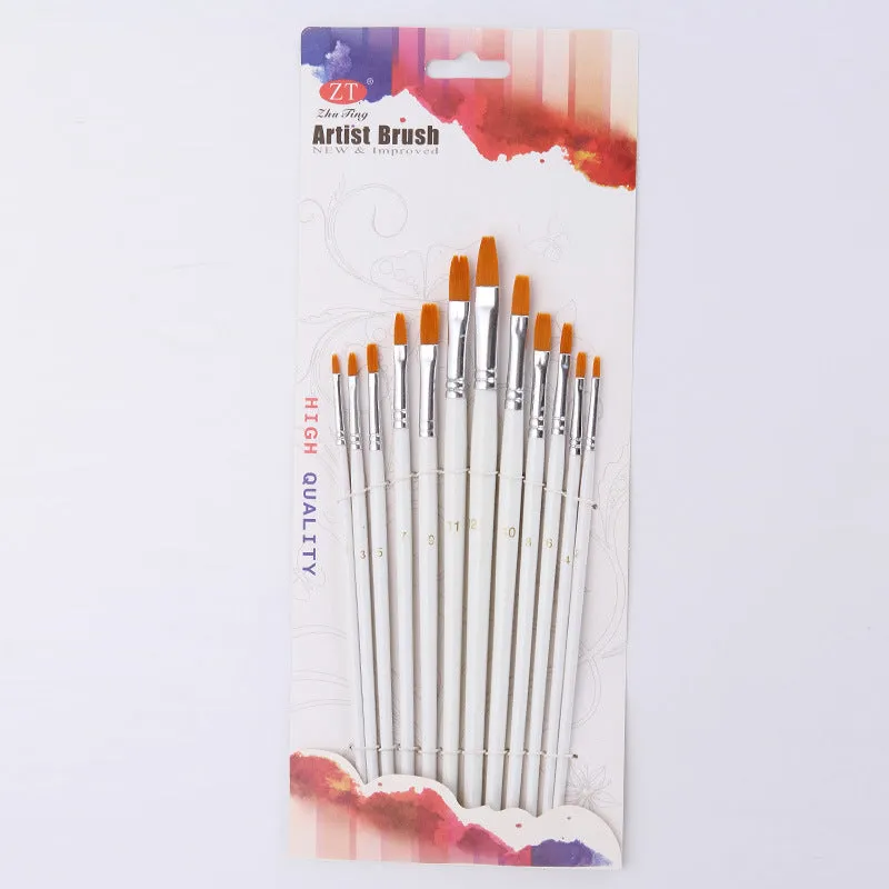 12 Flat Head Golden Nylon Hair Brush White Rod Watercolor Oil Painting Brush