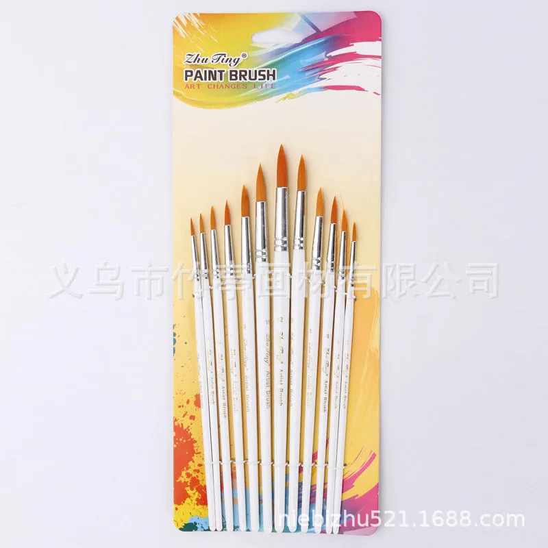 12 Flat Head Golden Nylon Hair Brush White Rod Watercolor Oil Painting Brush