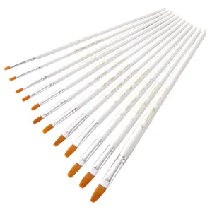 12 Flat Head Golden Nylon Hair Brush White Rod Watercolor Oil Painting Brush