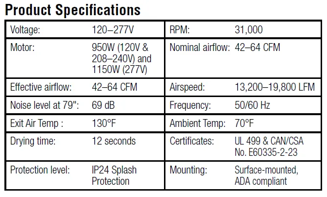 Bradley® 2923-2874 Aerix ® High Speed Hand Dryer - Satin (Brushed) Stainless Steel Automatic Universal Voltage Surface-Mounted ADA Compliant