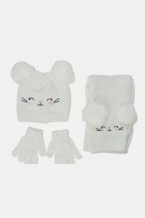 Girls White Knitted Scarf Set (3 Piece)