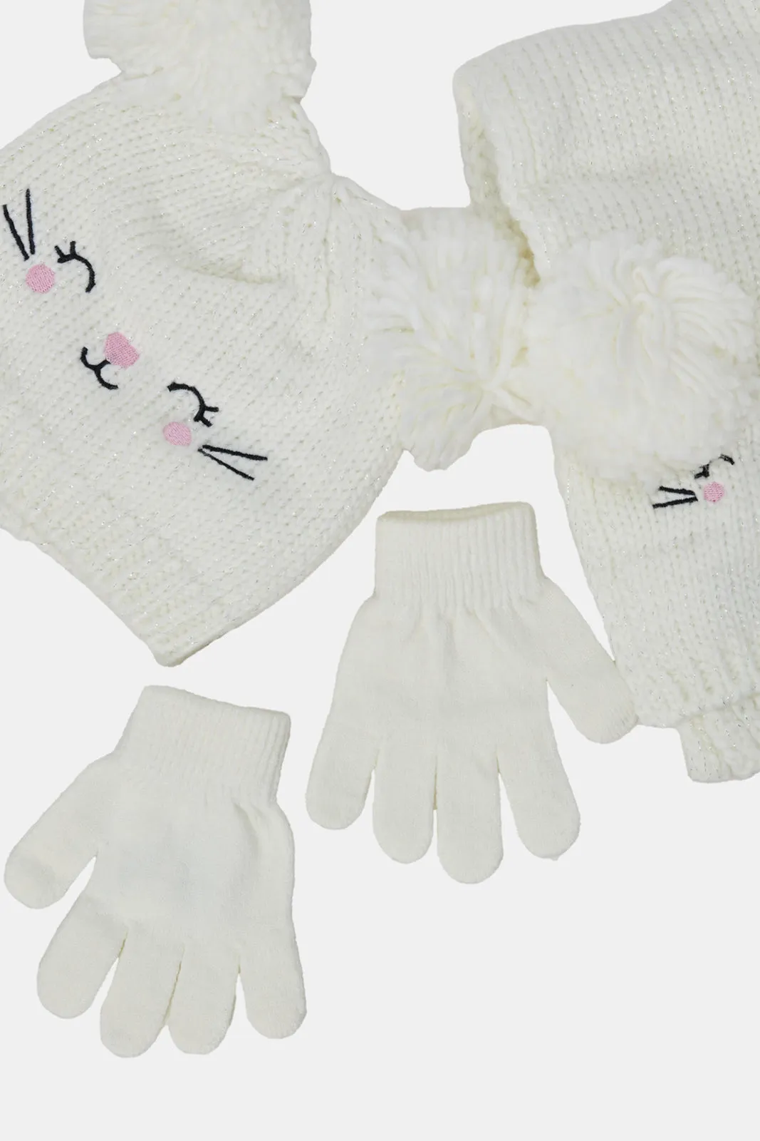 Girls White Knitted Scarf Set (3 Piece)