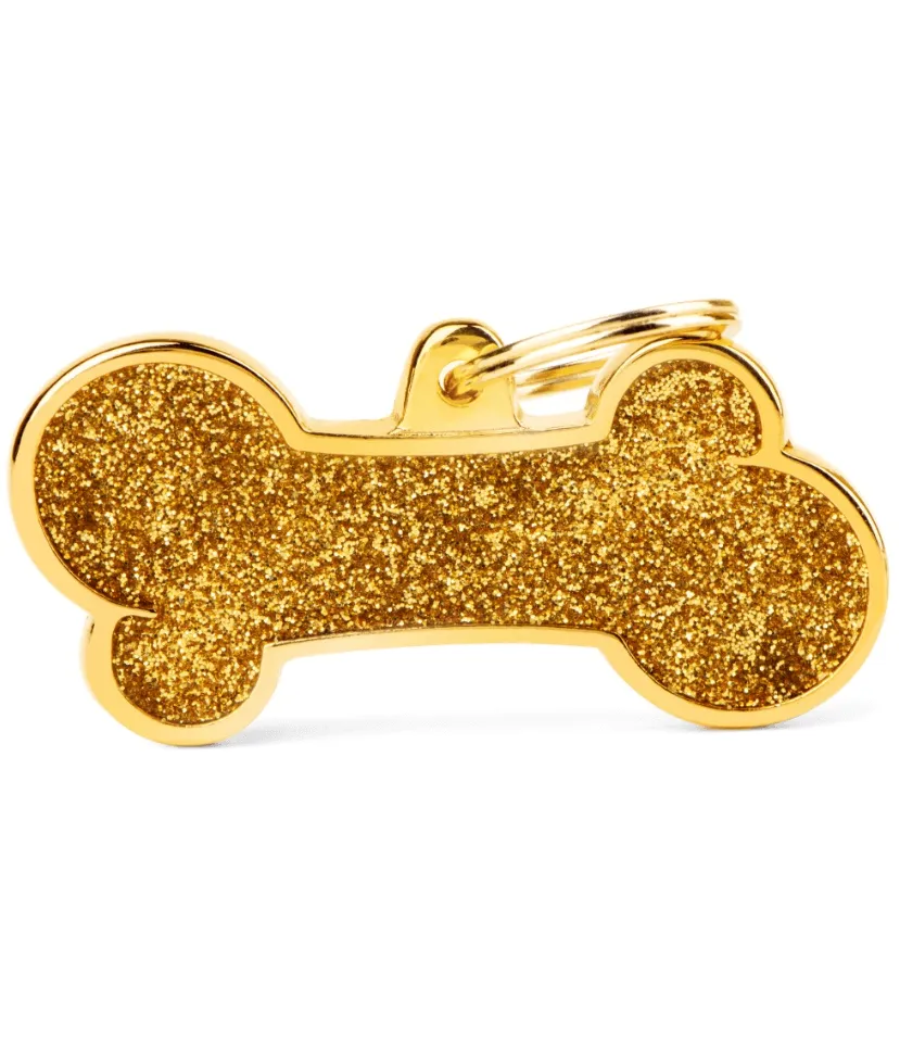 ID Tag - Shine XL Gold Glitter Bone ID Tag