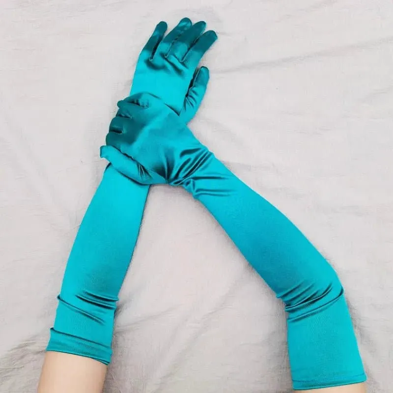 Long Ceremonial Satin Gloves - Fashionable Elbow Length Gloves for Women | Acrylic and Microfiber Material