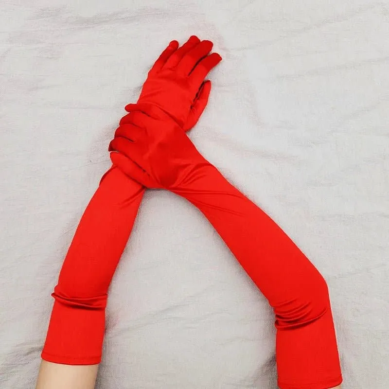 Long Ceremonial Satin Gloves - Fashionable Elbow Length Gloves for Women | Acrylic and Microfiber Material