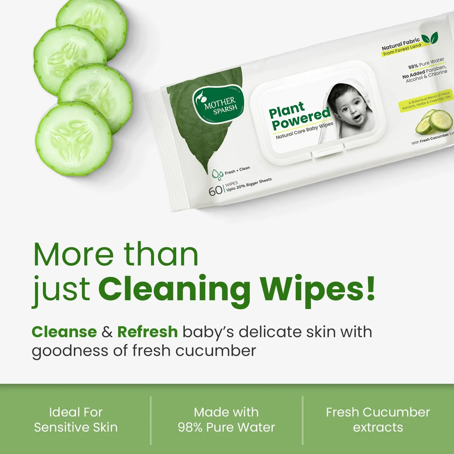 Mother Sparsh Natural Care Baby Wipes I 100% Plant Made Fabric From Forest Land | Fresh Cleanse (with Cucumber) Plant Powered Wet Wipes For Baby I Cotton Cloth Like Bigger Sheets | 60 Pcs (Pack of 2)