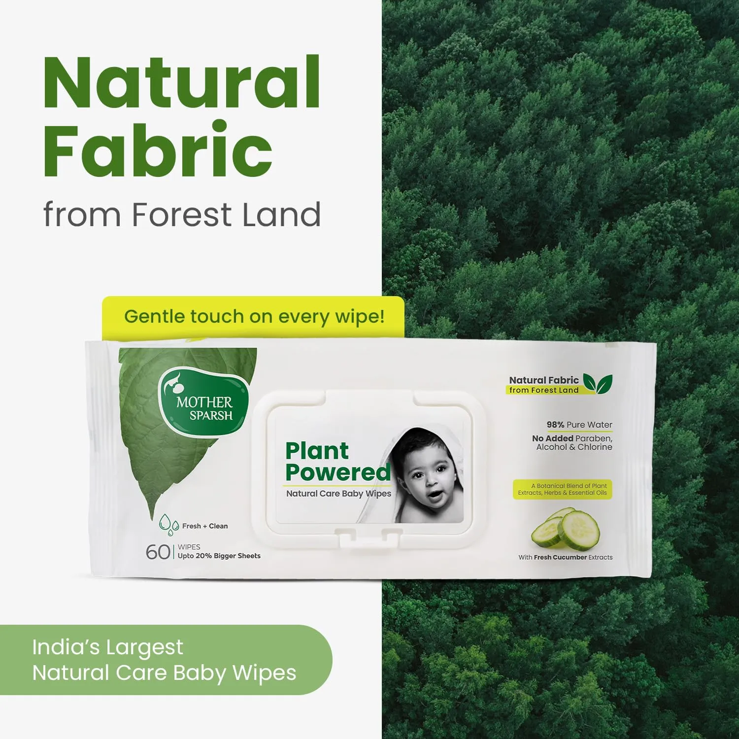 Mother Sparsh Natural Care Baby Wipes I 100% Plant Made Fabric From Forest Land | Fresh Cleanse (with Cucumber) Plant Powered Wet Wipes For Baby I Cotton Cloth Like Bigger Sheets | 60 Pcs (Pack of 2)