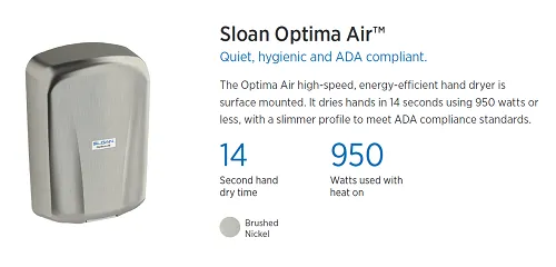 Sloan® Optima® Air EHD-701-BN Hand Dryer - "Brushed Nickel" (Satin Stainless Steel) High Speed Automatic Surface Mounted ADA-Compliant